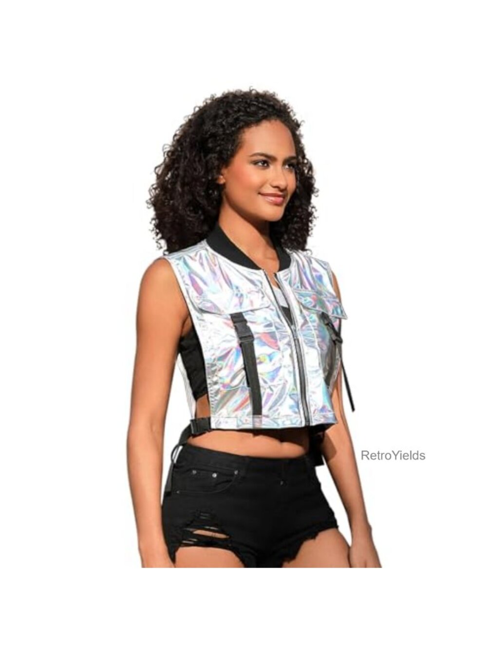 Metallic Zip Up Cargo Vest Cropped Cyberpunk Rave Streetwear